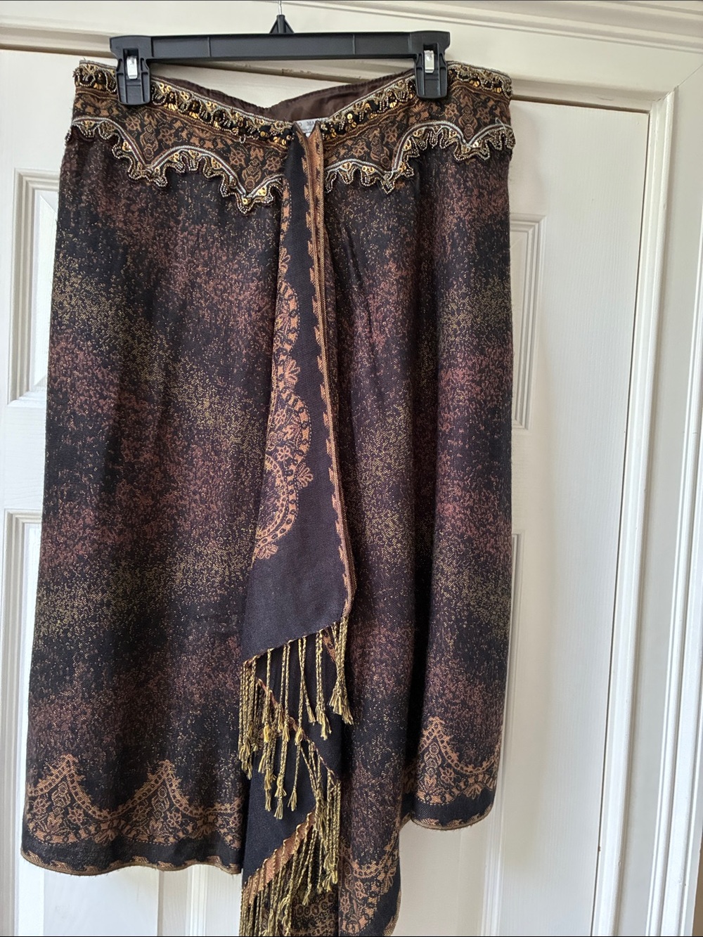 Alberto Malaki Embellished Paisley Fringe Midi Skirt - Brown & Gold